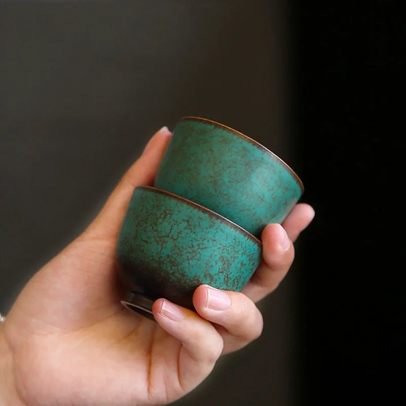 Japanese Style Turquoise Glaze Ceramic Kung Fu Tea Set Tea Cup Household Kiln Change Tea Cup Master Cup Tea Ceremony Customized