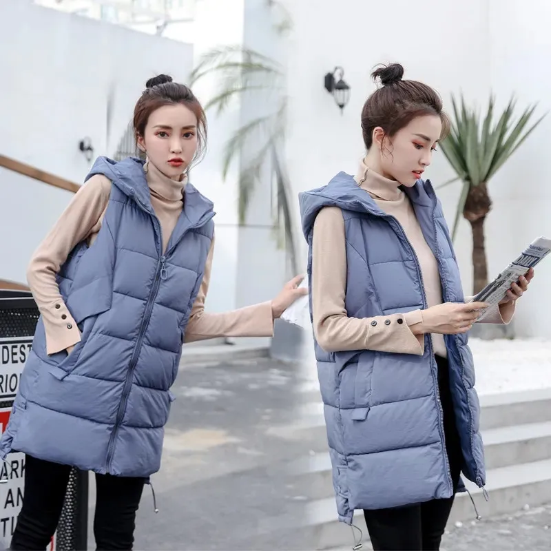 2023 New Women\'s Vest Jacket Down Cotton Vest Autumn Winter Jacket Hooded Long Coat Sleeveless Loose Female Waistcoat Snow Wear