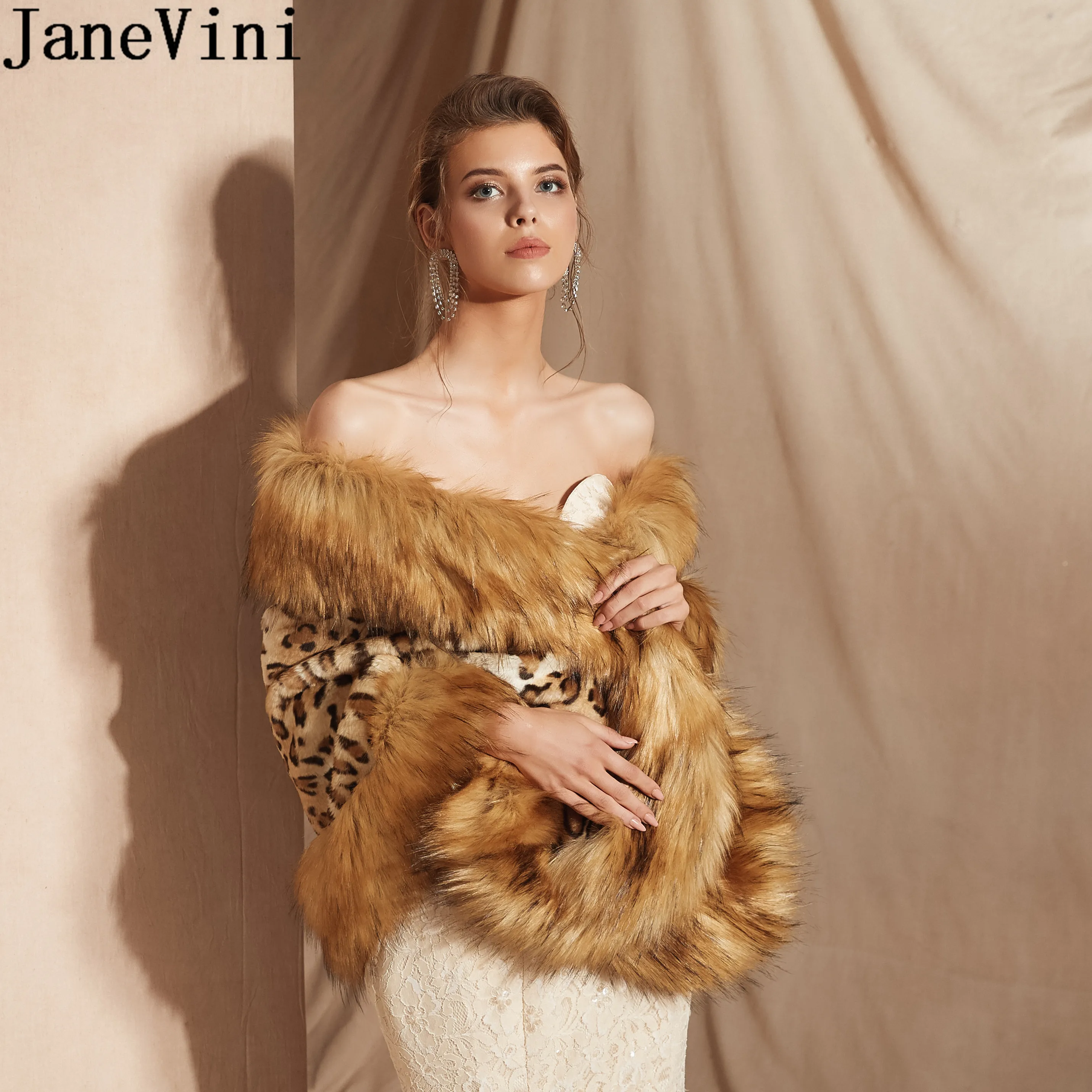 Janevini Fashion Wanita Bulu Imitasi Bungkus Pernikahan Musim Dingin Mantel Etole Sexy Leopard Pengantin Selendang Jaket Gaun Malam Bulu Bungkus Mencuri