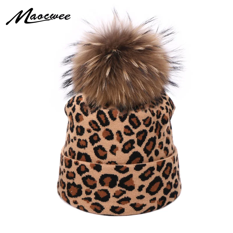 

New Leopard Print Beanie Hat For Women Autumn Winter Warm Outdoor Beanies Skullies Hats Elasticity Real Fur Pom Pom Hedging Hat