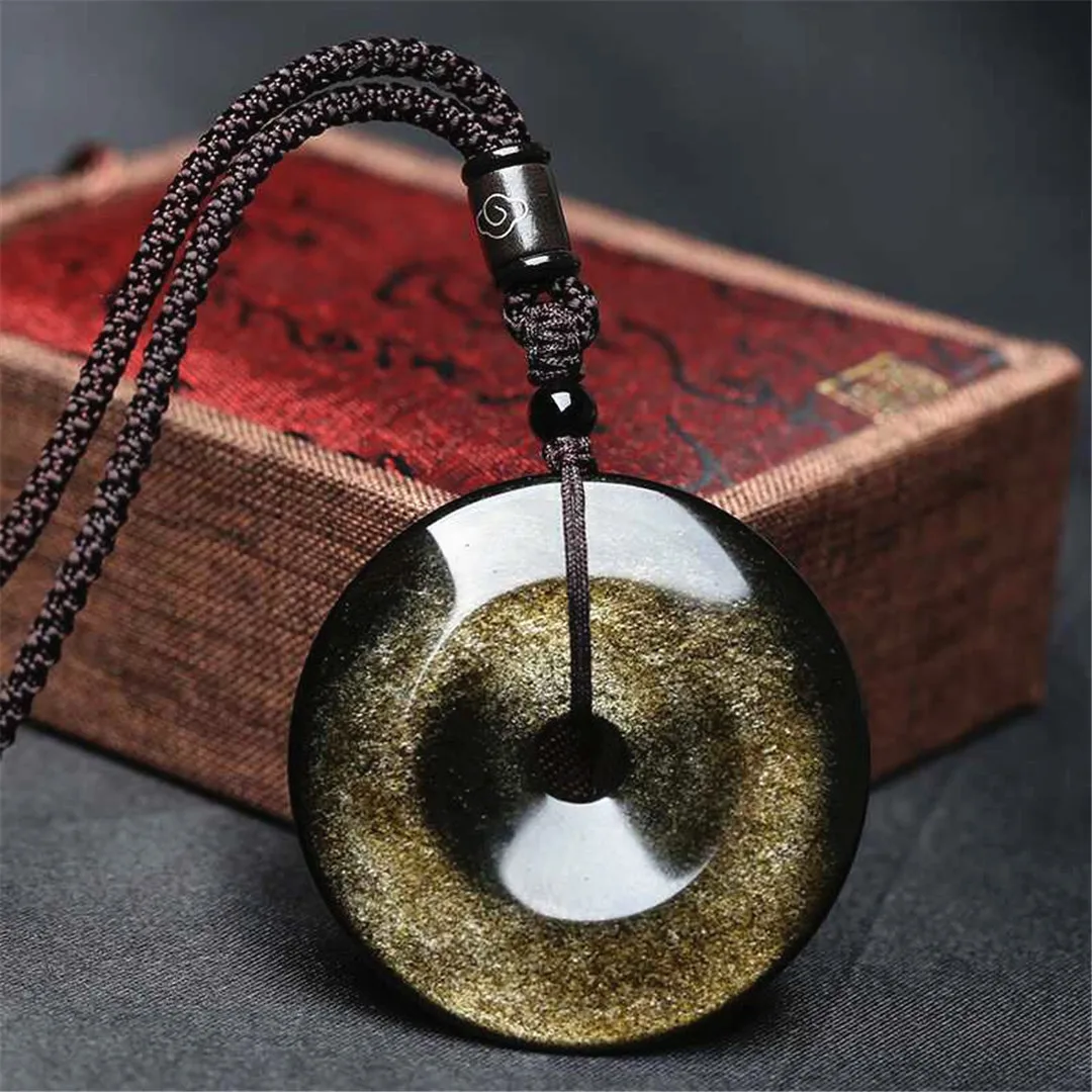 Natural Gold Obsidian Round Dout Peace Buckle Pendant Necklace Jewelry For Women Lady Men Crystal Stone 30mm Beads Rope Chains