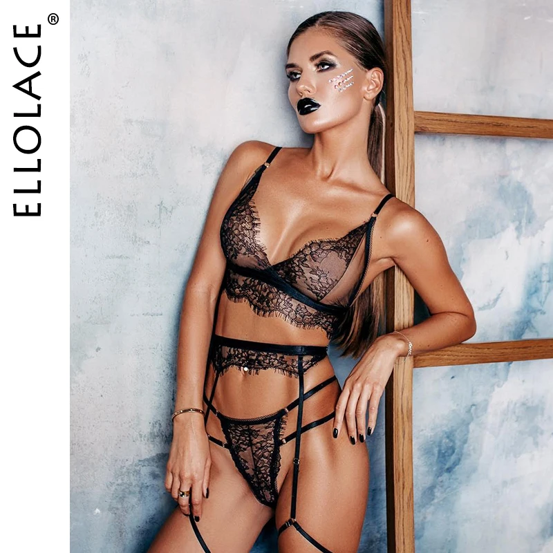 Ellolace-Lencería de encaje Sexy para mujer, conjunto de 3 piezas, sujetador Bodycon transparente, conjunto de ropa interior negra