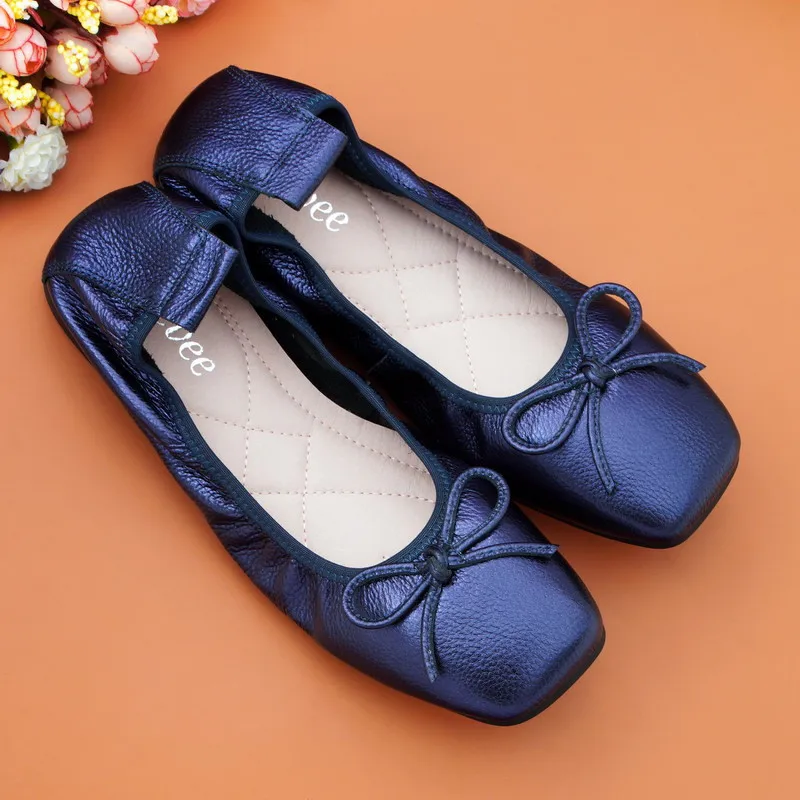 Sweet Bow Square Toe Ladies Flats Shoes New Genuine Leather Slip On Loafers Shoes For Woman Plus Size 34-43 Women's Ballet Flats image 4