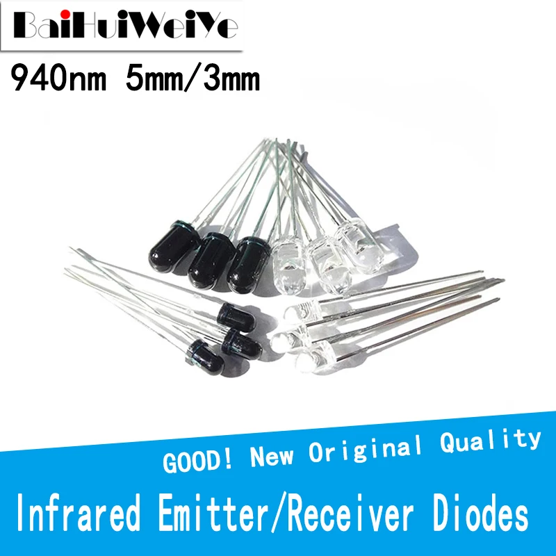 

50Pcs/Lot 25 Pairs 3mm 5mm 940nm LEDs Infrared Emitter and IR Receiver Diode Diodes 301A For Arduino 301A F5 F3
