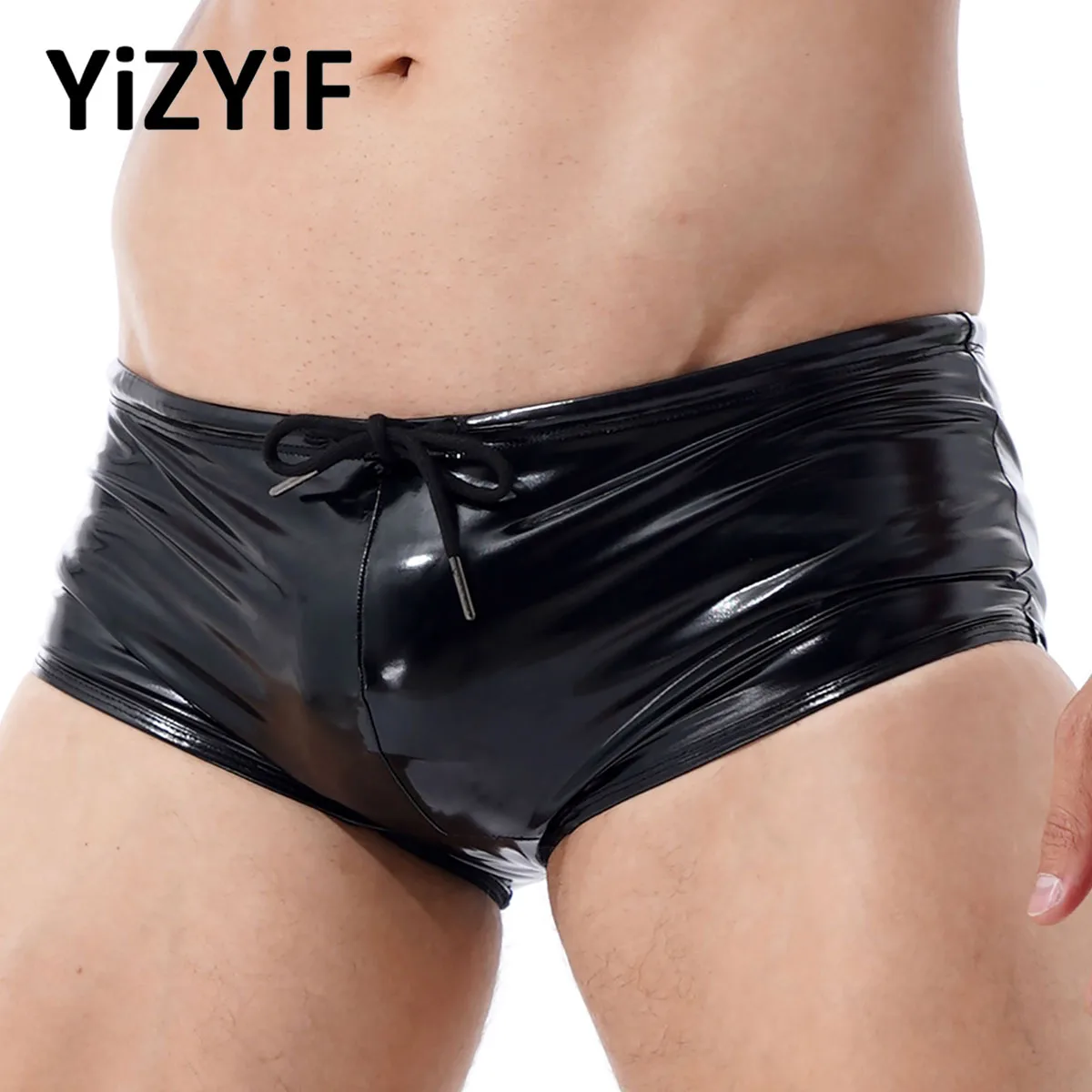 Men Wet Look Patent Leather Boxer Sexy Black Latex Swimming Trunks Drawstring Panties Underwear Clubwear