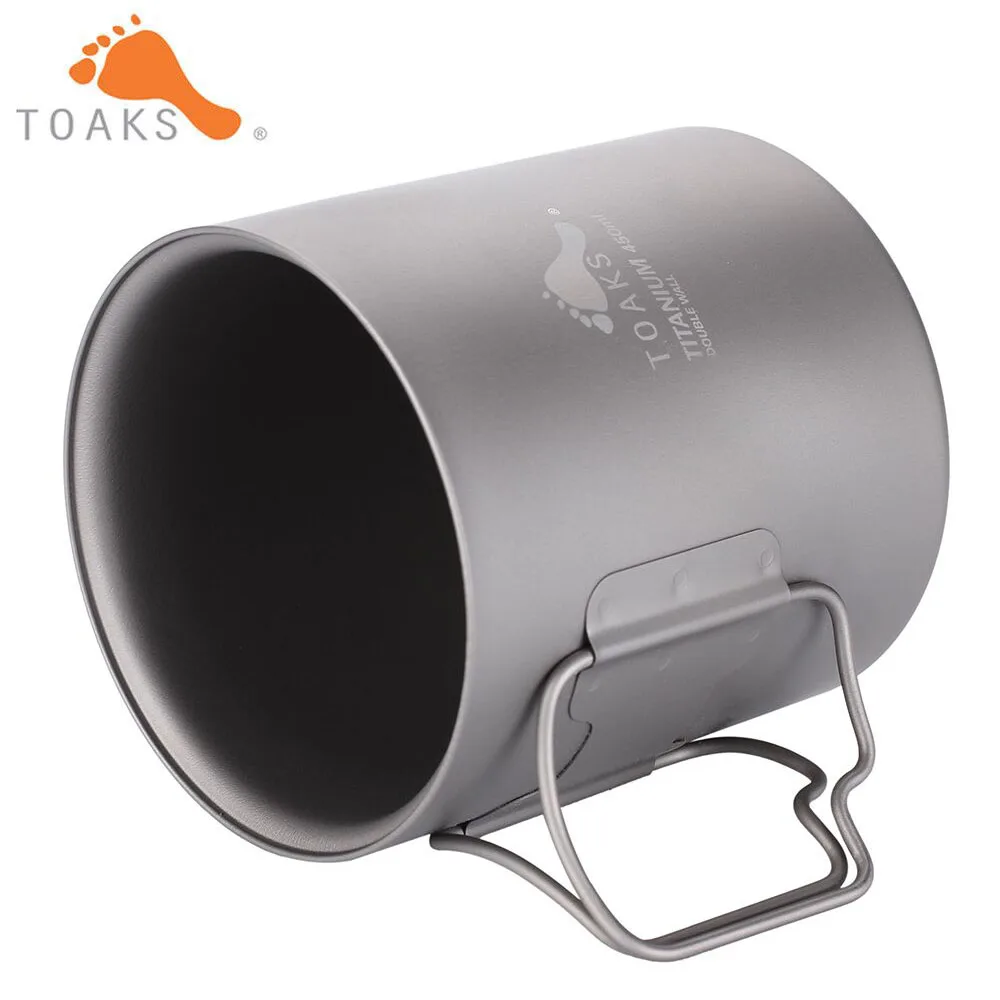 TOAKS  Pure Titanium Cup Ultralight Outdoor Mug without Lid and Foldable Handle Camping Tableware 375ml 450ml