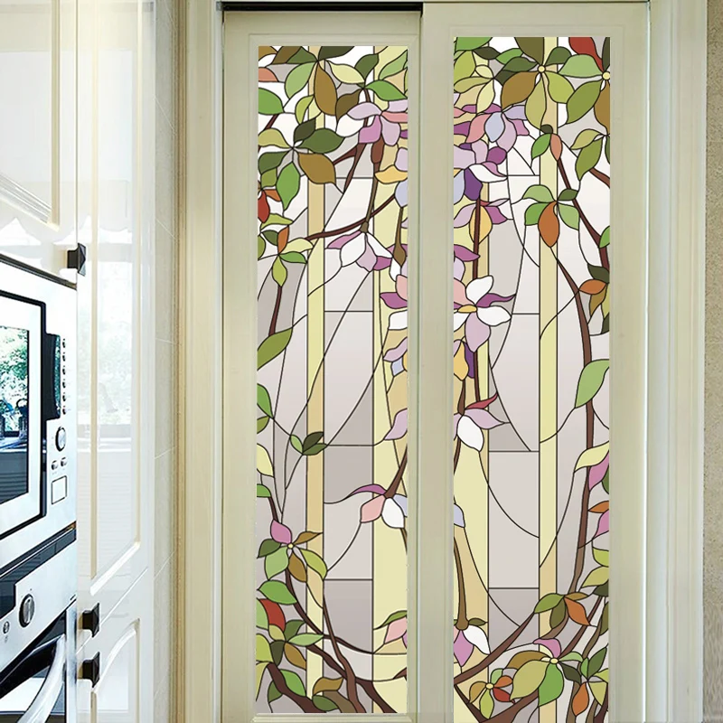 Custom Size Static Cling Stained Glass Window Film Purple Floral Frosted Decorative Vinyl Privacy Home Decor for Glass Doors