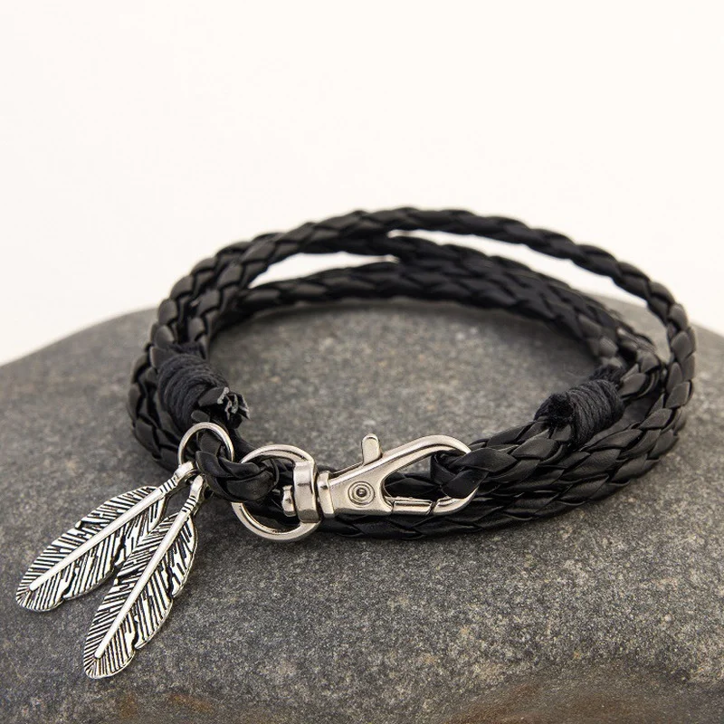 Vintage Leaf Feather Multilayer Leather Bracelet Men Fashion Braided Handmade Keychain Rope Wrap Bracelets &Bangles Male Gift