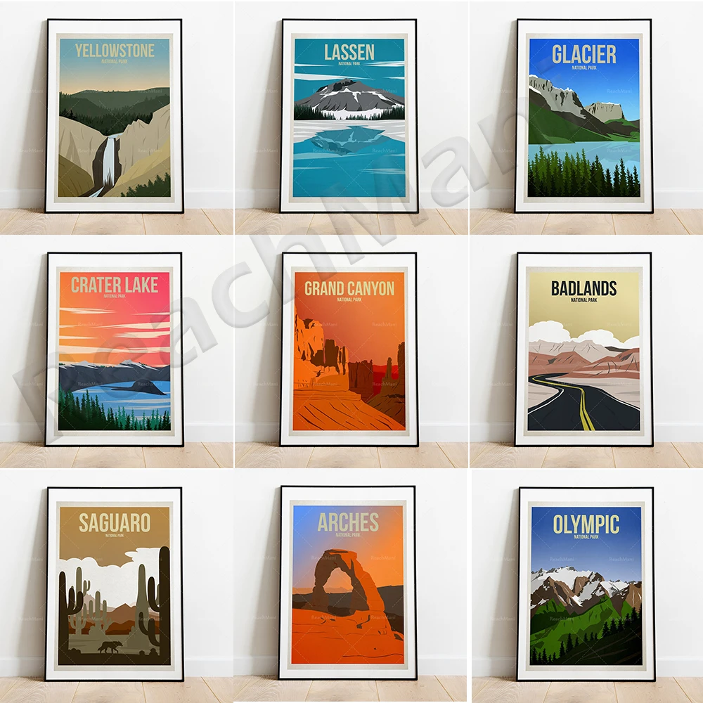 U.S. National Park Rocky Mountains, Crater Lake, Larsen, Glacier, Denali, Grand Teton, Arches-Badlands National Park print poste