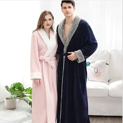 Men Extra Long Warm Flannel Bathrobe 40-100 Kg Men Winter Coral Fleece Bath Robe Night Sleepwear Women Dressing Gown Cozy Robes