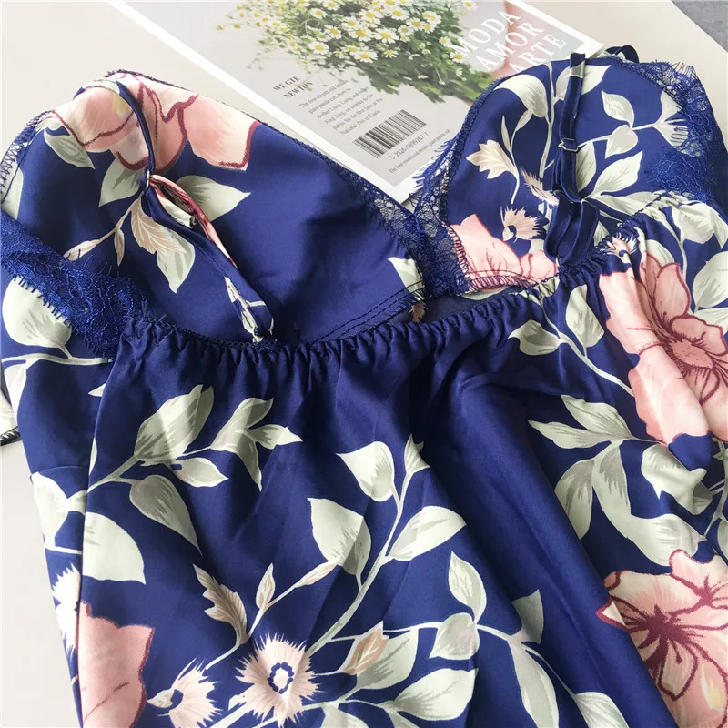 Daeyard Women\'s Pajamas Sexy Lingerie Silk Overall Print Cami And Shorts 2Pcs Pyjama Set Sleepwear Summer Pijama Nighty Homewear