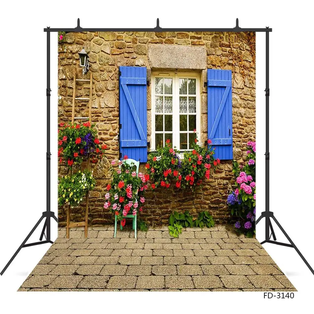 Brick Wall Potted Flowers Ladder Photo Background Computer Printed Backdrop for Children Baby Portrait Photography Photophone