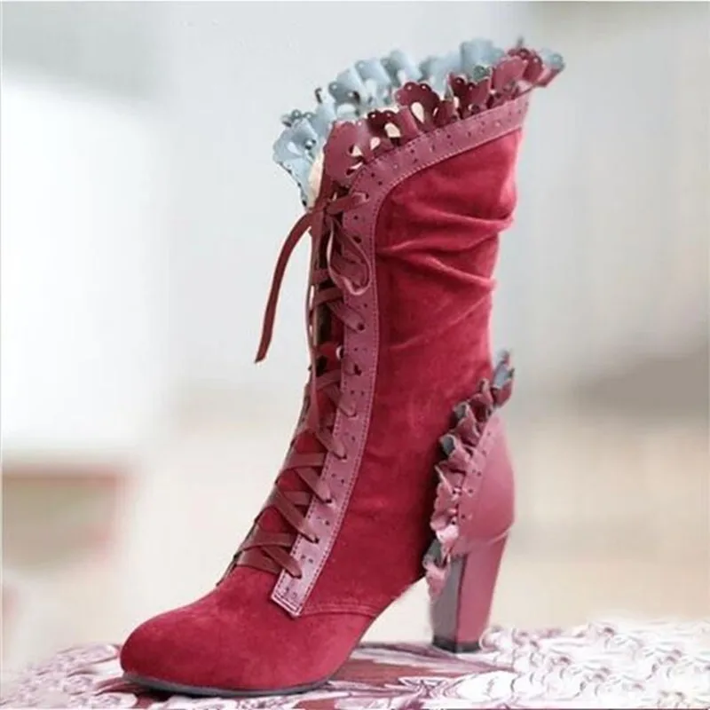 Women's Mid Calf Boots Ladies Lace Up High Heels Female Sexy Shoes Woman Ruffle Flock Retro Boots Women Elegant Footwear