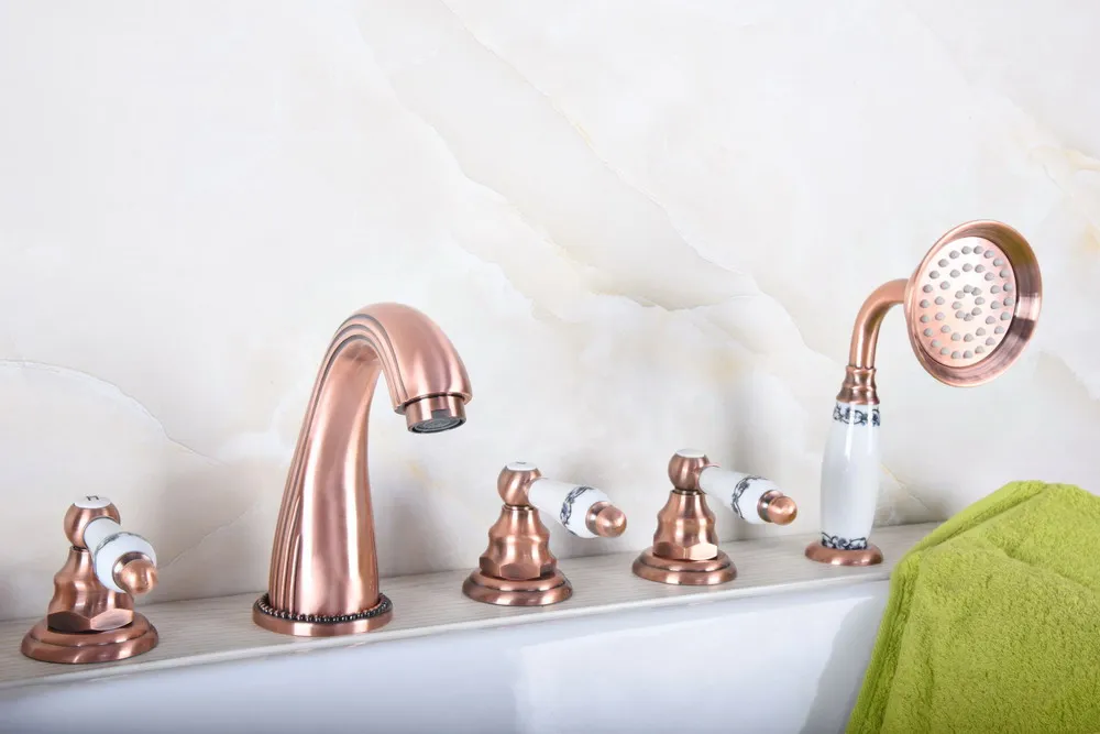 

Antique Red Copper Five Hole Deck Mounted Bathroom Tub Faucet Set with 1.5M Handheld Spray Shower Mixer Tap 2tf187