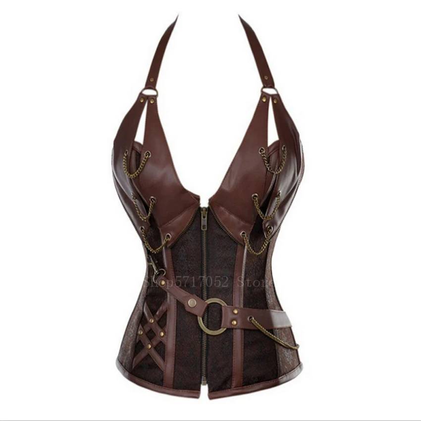 Adult Medieval Viking Pirate Costume Women Gothic Knight Corset Halloween Cosplay Steampunk Leathter Halter Vest Metal Cuirass