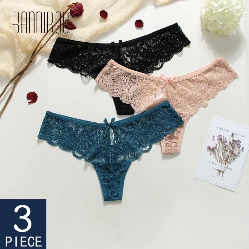 

BANNIROU 3Pcs Sexy Lace Transparnt Thongs Panties Woman G-String Women's Thong T-back Female Low-Rise Underwear Intimates