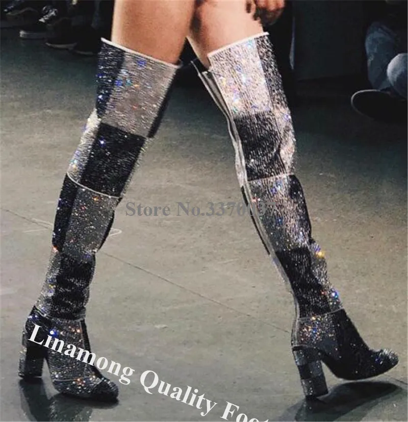 Linamong Bling Bling Patchwork Rhinestone Over Knee Chunky Heel Boots Shining Crystal Cube Long Thick High Heel Boots Party Shoe