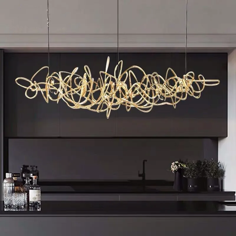 Modern Novelty Golden Chandelier lighting LED Kitchen Island Hanging lights Dining room Chrome Home decor Stainless steel Lamps