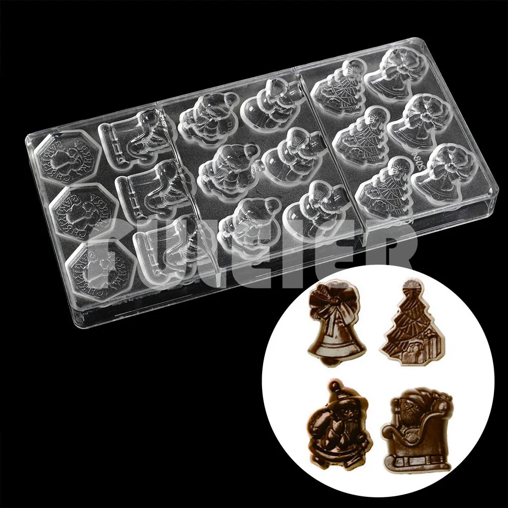 Christmas Polycarbonate Chocolate Mold Santa Claus, Snowman, Bell, Christmas Tree Mousse Candy Chocolate Mould Baking Cake Tool