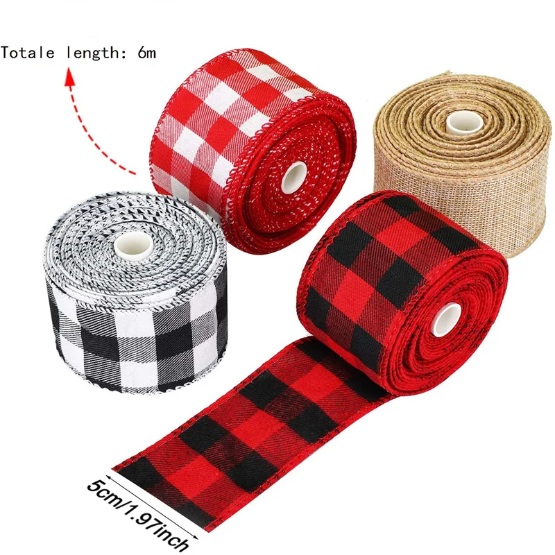 6m/roll Christmas Ribbon Red Plaid Linen Ribbons Xmas Tree Bow Decorations for Home Xmas Gift Wrapping Ribbon for crafts Noel