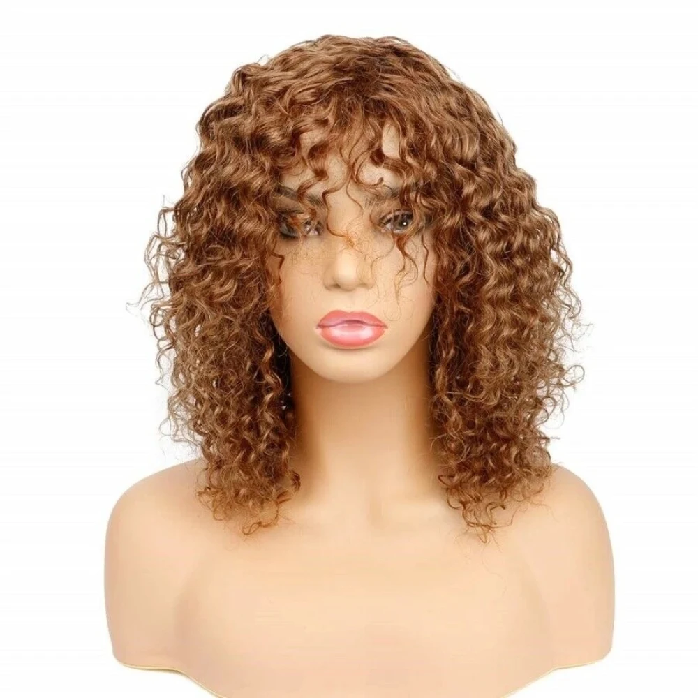 

Dark Blonde Human Hair Wig with Bangs Virgin European Remy Hair Glueless Full Machine Wig Jerry Curly for Women Color #30