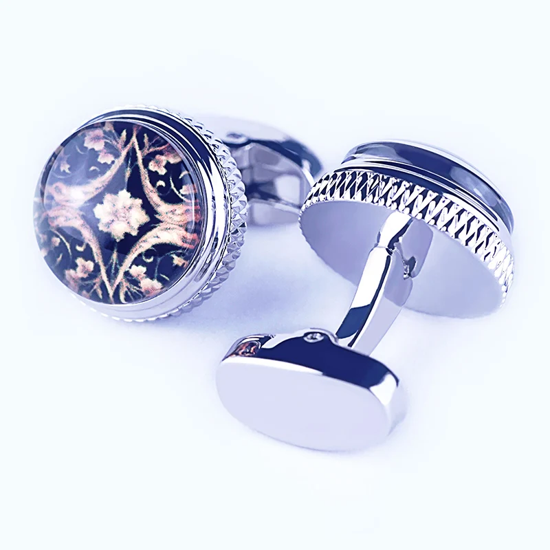 Silver Color Mechanical Back Round Brown Mysterious Pattern High Quality Men Cufflinks  Jewelry for Gift