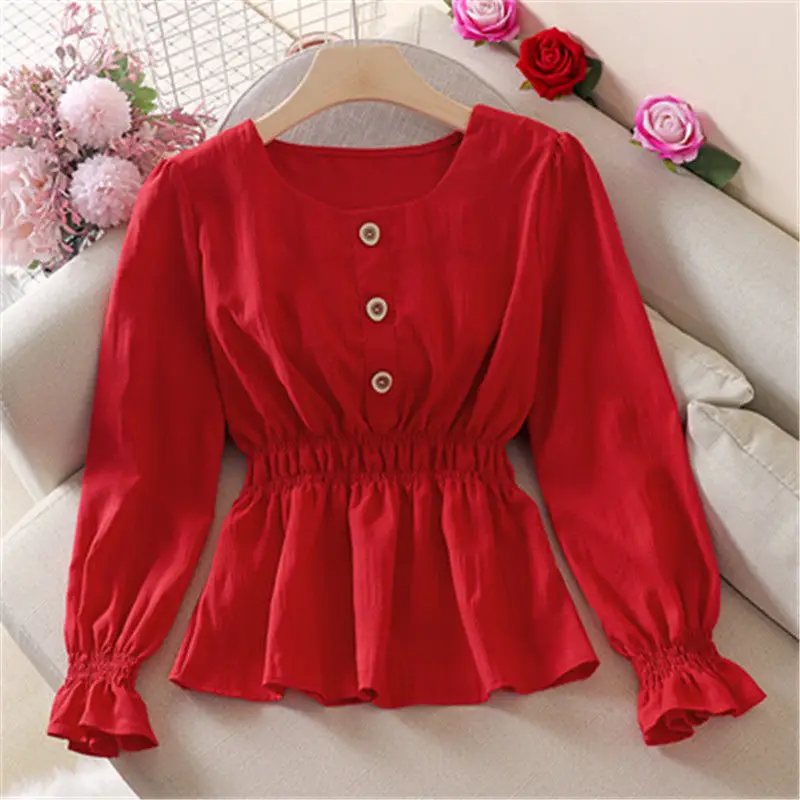 Blouse Women Autumn Ruffled Long Sleeve Shirt Pleated Bell Sleeve Top Blusas Ropa De Mujer