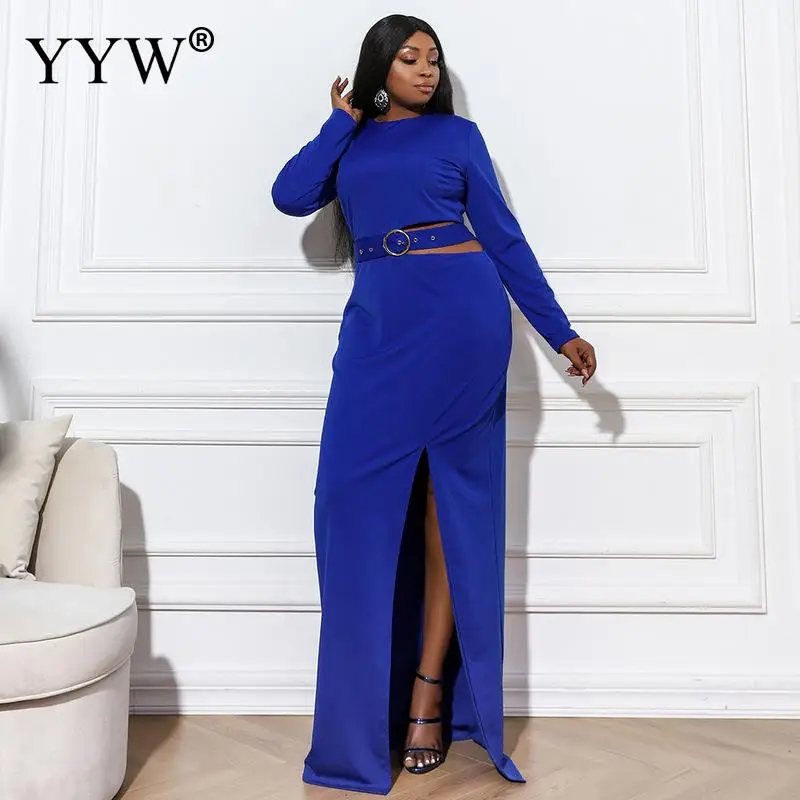 Royal Blue Crop Top Riem Lange Party Jurken Cocktail Side Split Enkellange Hoge Hals Effen Cool Formele Jurken Vestidos 2021