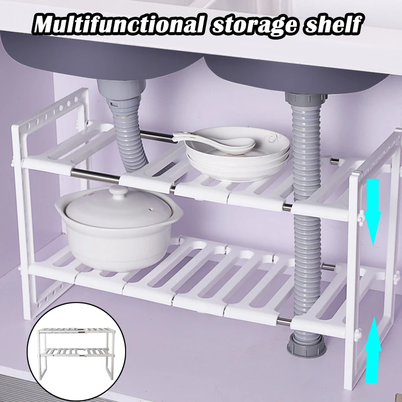 

Retractable Kitchen Shelf Organiser Floor Type Adjustable Extendable Double Layer Dishes Storage Rack Under Sink Multifunction S