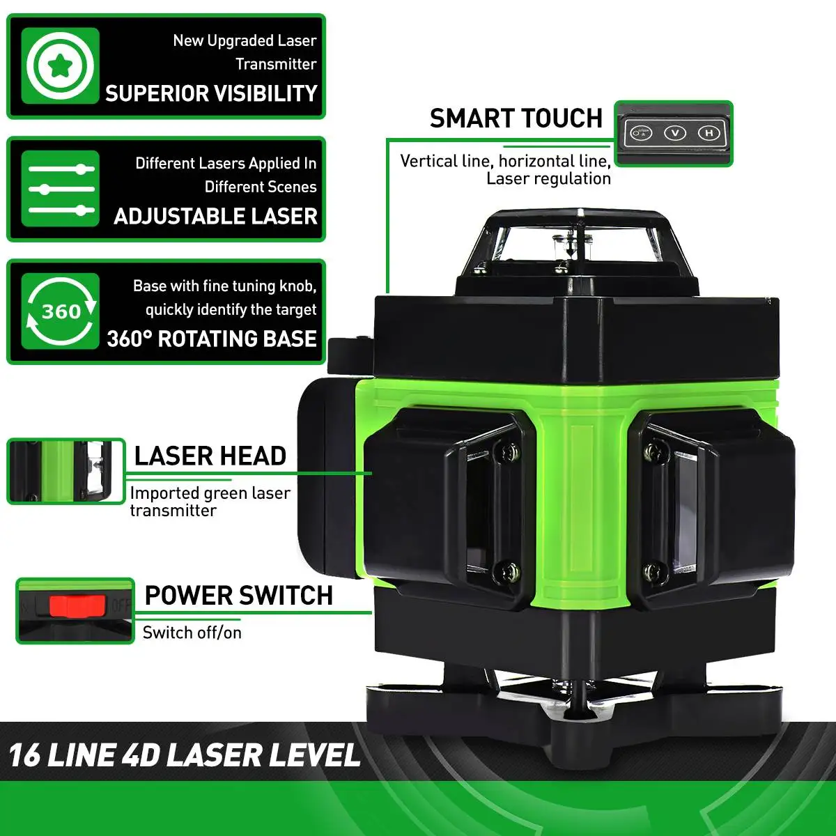 4D 16 Lines Green Laser Levels 360 Horizontal &Vertical Cross Lines Auto Self-Leveling super powerful Laser Tools with Tripod EU