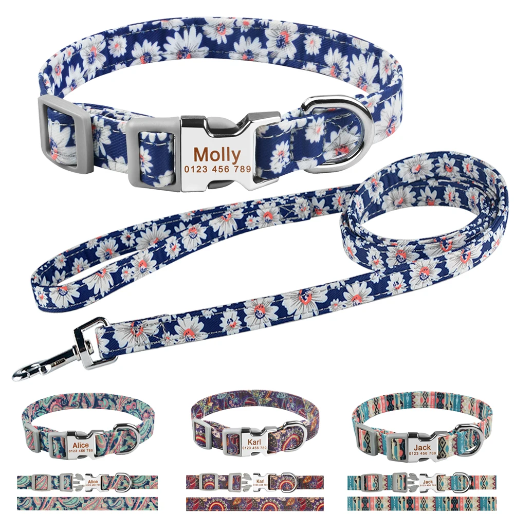 Pet Dog Leash Collars Set Nylon Lead Customized Personalized Puppy ID Name Small Medium Large Dogs Bulldog Durable