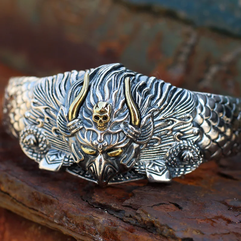 Men's handmade silver bracelet with golden wings and big roc bird