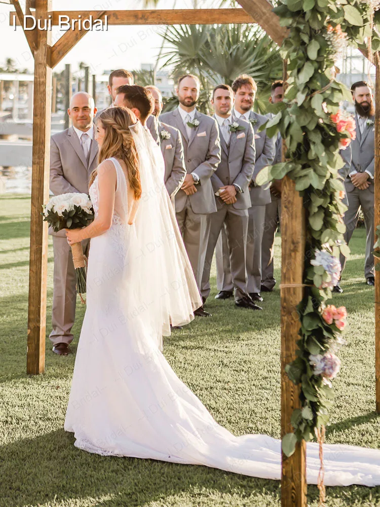 Abiti da sposa a sirena con scollo profondo e schiena bassa con perline senza maniche Appliqued abito da sposa con foto reale Vestido de Novia