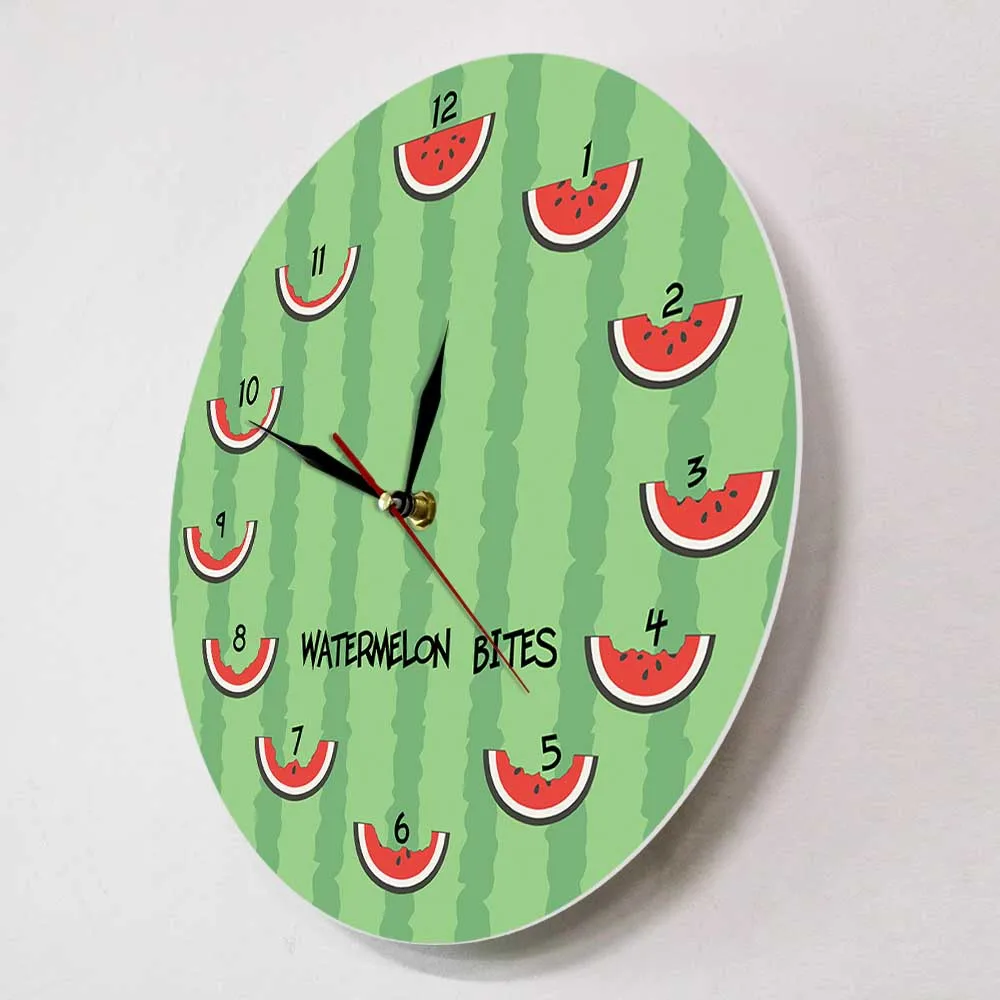 Summer Time Funny Watermelon Bites Decorative Printed Wall Clock For Dinning Room Summer Fruits Theme Hanging Clock Wall Watch