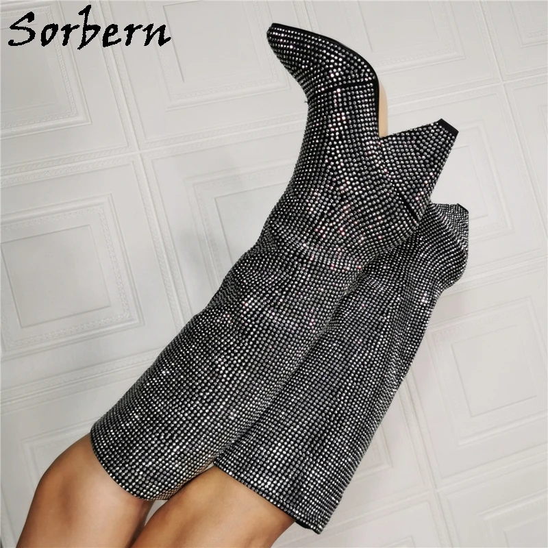 Sorbern Sparking Crystal Block Heel Boots Women Knee High Rhinestones Female Shoes Pointy Toes Wide Calf Fit Shoes Fall Boots