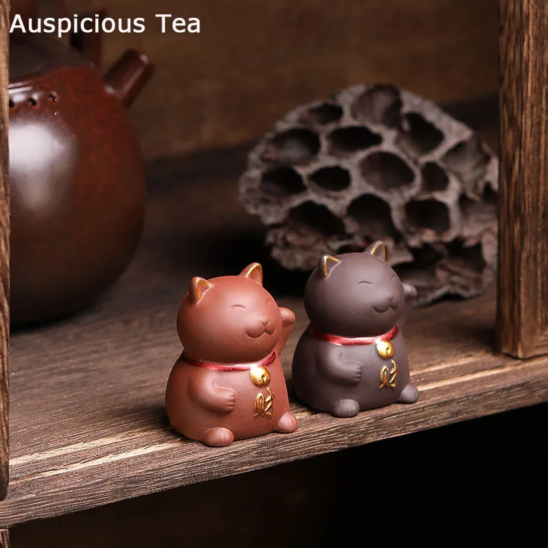 Chinese Boutique Purple Clay Tea Pet Mascot Lucky Cat Tea Figurine Ornaments Handmade Crafts Tea Set Decoration Accessories