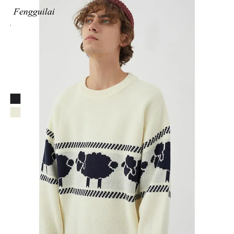 Pulover Leher Bulat Gambar Domba Katun Pasangan Longgar Sweter Fashion Korea Bf Pria Musim Gugur