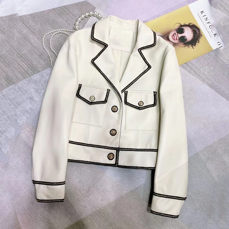 Spring And Autumn 2024 New Arrival Short Length Women Coat Real Sheepskin Jacket Turn-Down Collar Striped Decoration