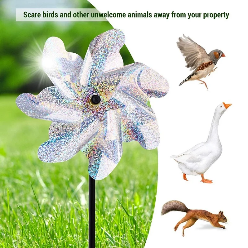 Moinho de vento Bird Repeller, Jardim Gramado, Quintal Deterrent, Pinwheel Prata, Ferramentas reflexivas, Sparkly Pinwheels, 5pcs