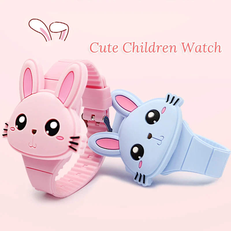 Cartoon Lovely Rabbit Children Watches Flip Cover Silicone Electronic Kids Watch Girls Student Boys Clock Reloj Infantil Saati