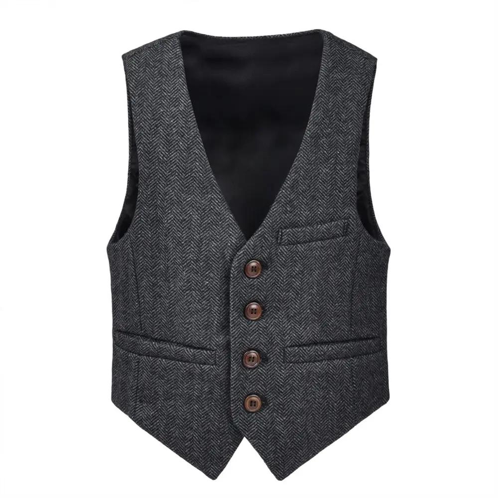 JANGOUL Woolen Tweed Boy Girl Herringbone Waistcoat Pockets Buttons V Collar Vests Kids Baby Infant Toddler Child Youth 069