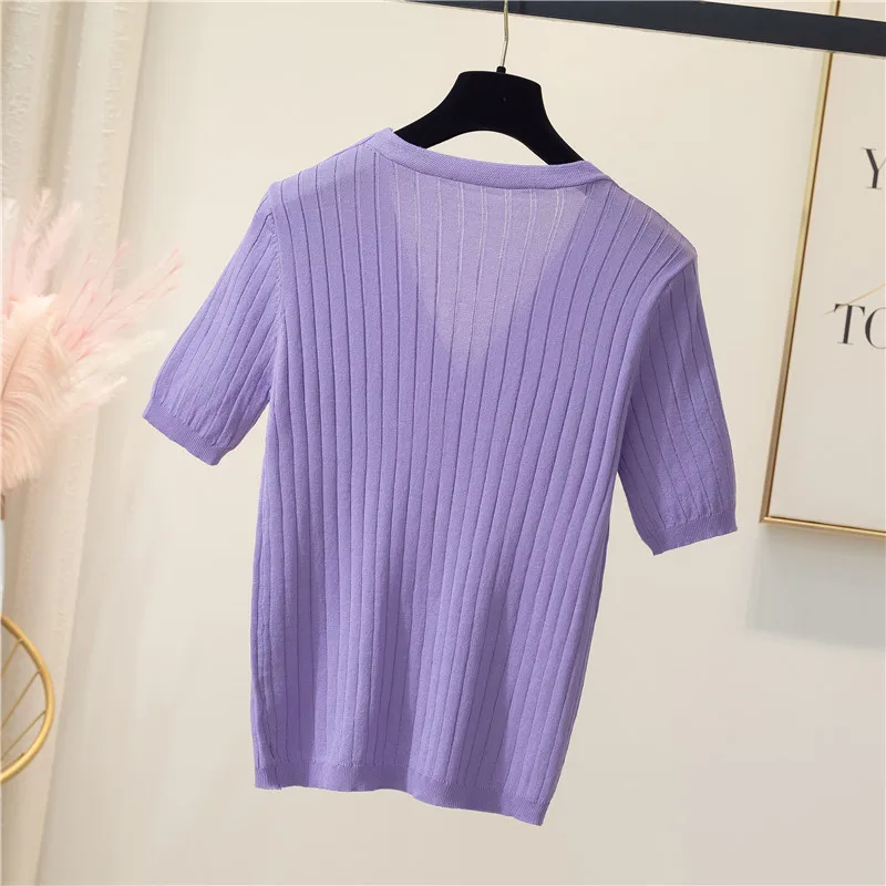 Sweater Elegant Blouses Women Korean Knitted cardigan Top Cropped Female Short Sleeve Button Up Shirt Slimming Jacket Femininas