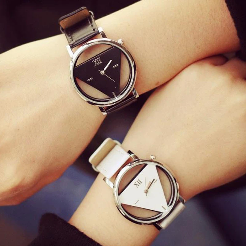 

2020 Fashion Hollow Transparent Watches Women Triangular Watches Leather Band Quartz Wristwatches reloj mujer relogio feminino