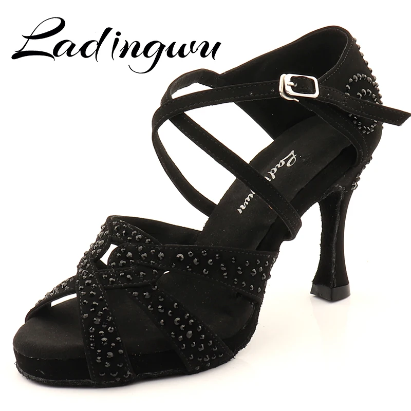 Ladingwu Black Rhinestone Dance Shoes Latin Dance Shoes Black Suede Salsa Dance Shoes Internally Increased Platform Shoes