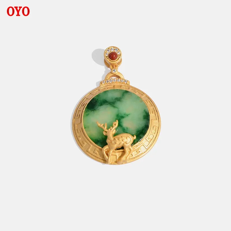 

s925 sterling silver gold-plated a deer with you jade A goods pendant female national tide retro style jade pendant