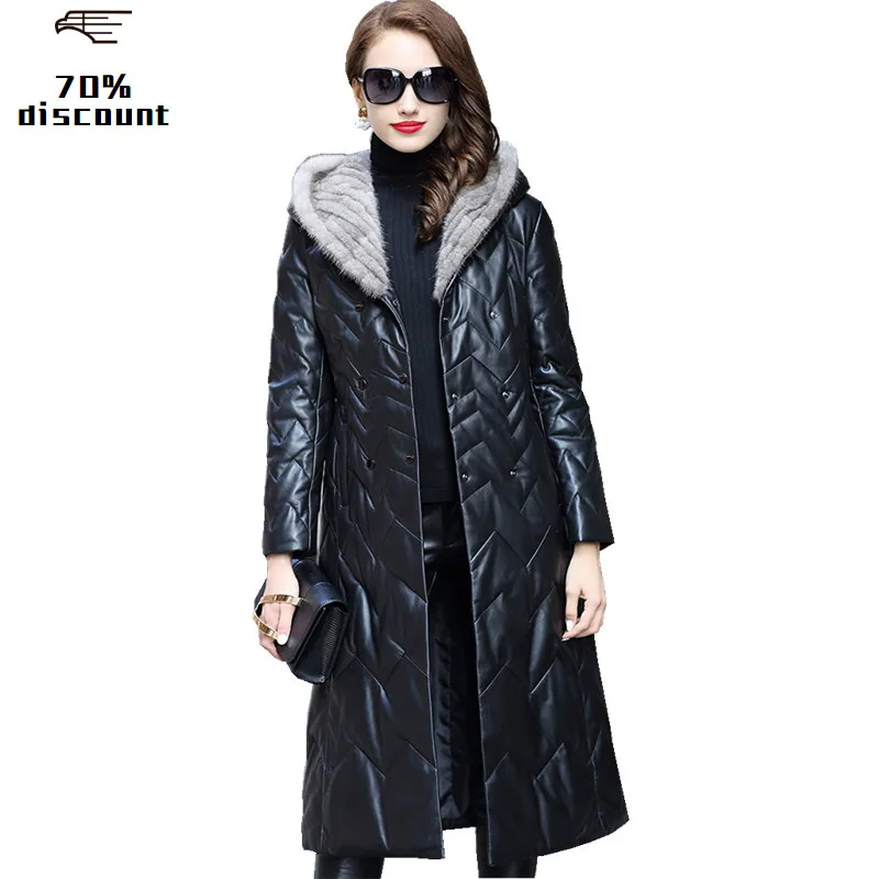 2020 Genuine Leather Jacket Real Sheepskin Coat Natural Knitted Mink Fur Hooded Long Women's Down Jackets