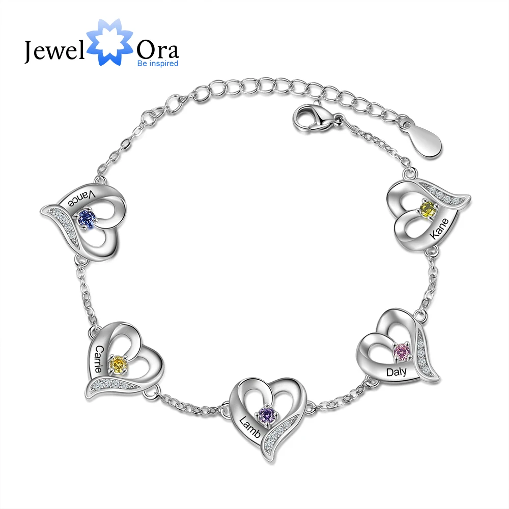 

JewelOra Personalized Multi-Heart Charm Bracelets with Birthstone Customized 1-5 Name Engraving Bracelets & Bangles Xmas Gifts