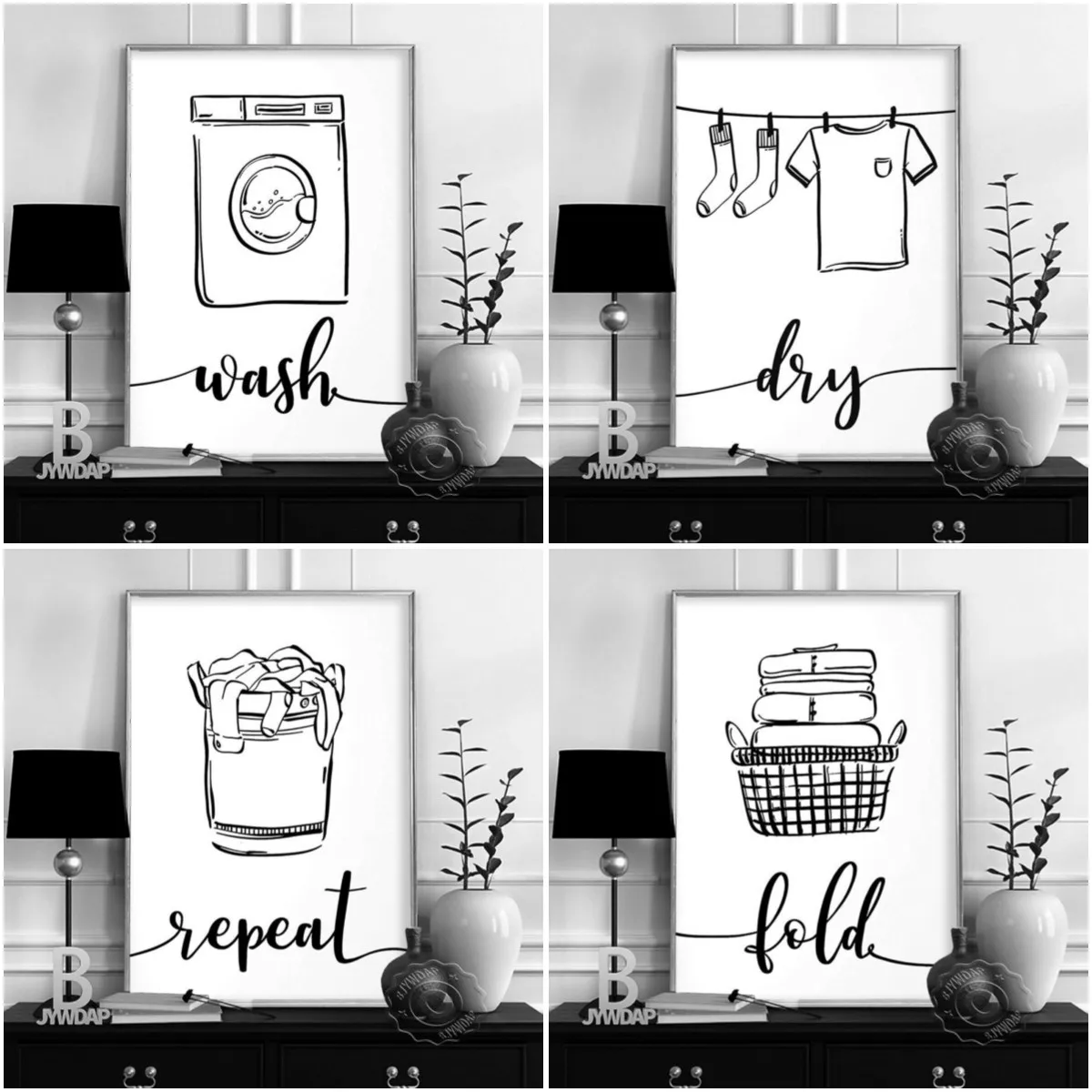 Canvas Painting Wash Dry Fold Repeat Laundry Sign Black White Pictures Art Nordic Home Decor Living Room Pictures and Prints