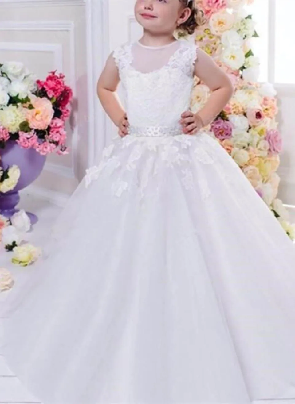

New A Line Kids Formal Wear Girls Pageant Baby Children Party Dress O-Neck Sequined Tulle Custom Lace Flower Girls Dresses