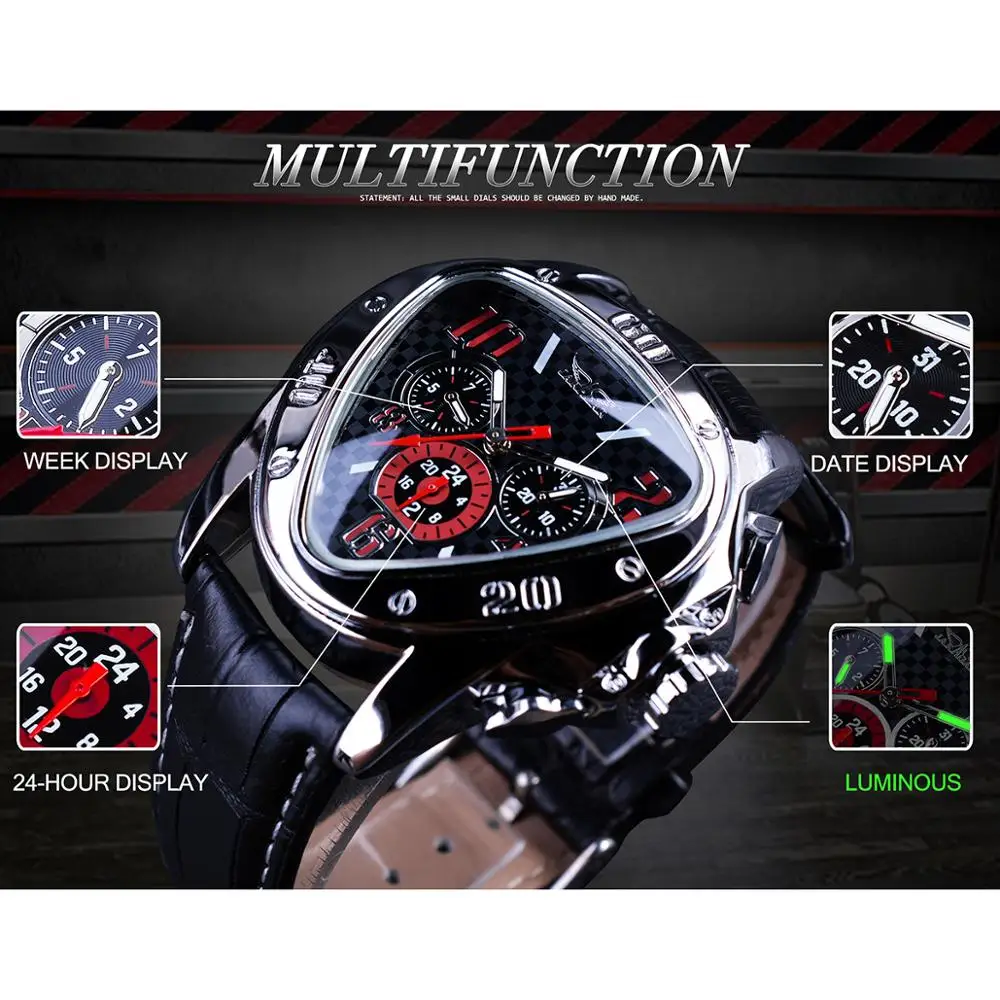 2021 Jaragar Sport Racing Design Geometric Triangle Pilot Genuine Leather Men Mechanical Watch Top Brand Luxury Automatic Wrist